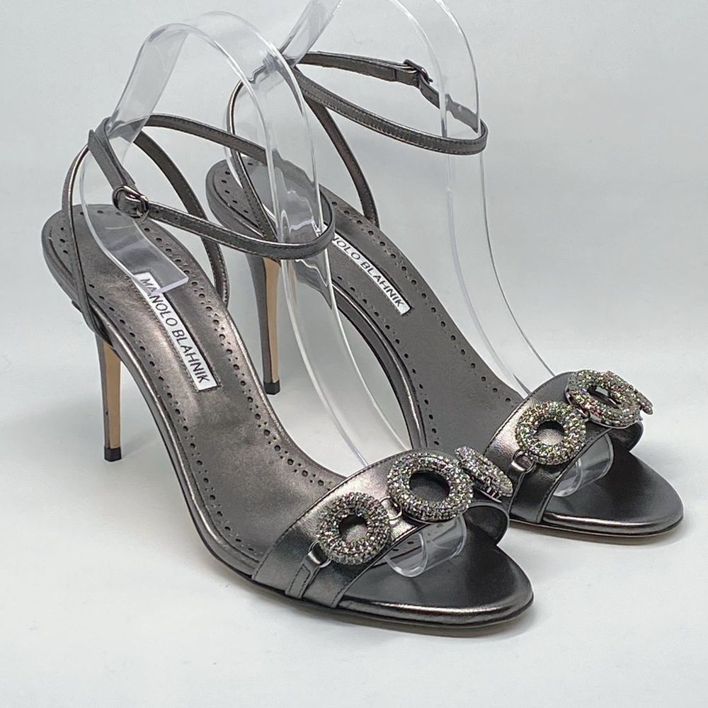 Manolo Blahnik Alvisa Crystal-Embellished Metallic Leather Sandals size 40